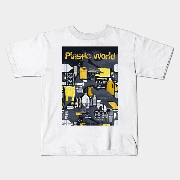 Our plastic planet // print // black background grey endangered animal species with yellow white and transparent plastic waste Kids T-Shirt by SelmaCardoso